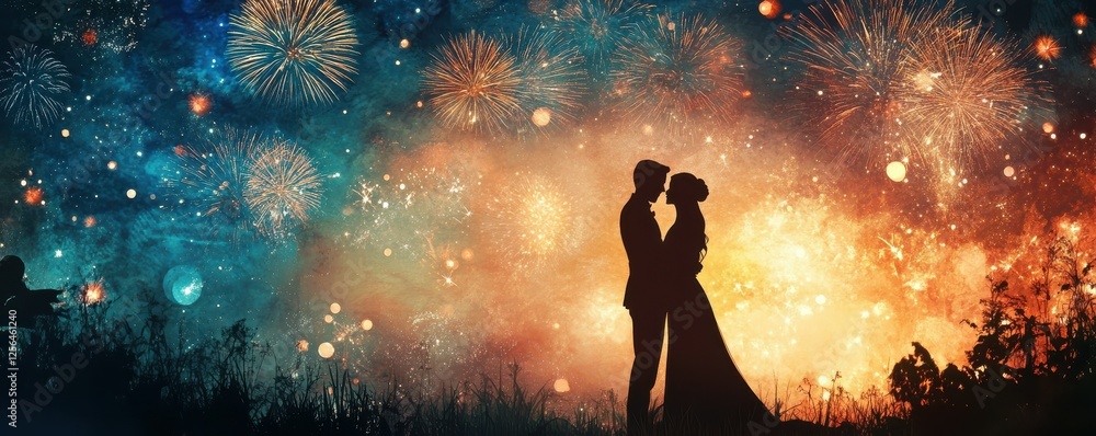 Silhouette of romantic couple during vibrant fireworks display Silhouette of romantic couple during vibrant fireworks display