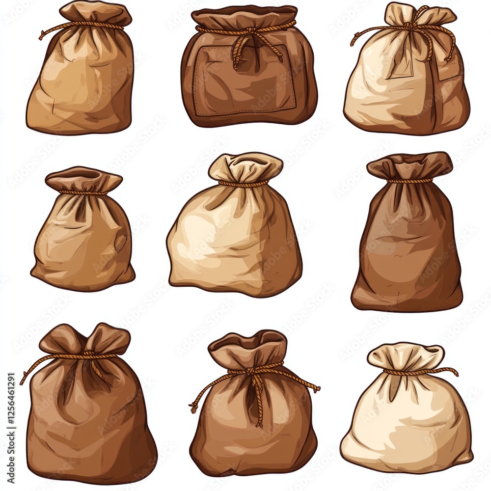 Collection of various burlap sacks tied with rope Collection of various burlap sacks tied with rope