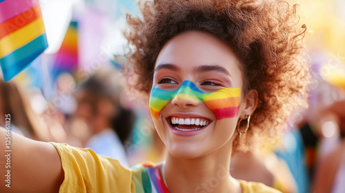 A confident woman with pride flag colors on her face smiles and gestures toward it proudly, standing in a vibrant LGBTQ+ pride event. pride celebration, LGBTQ+ support, colorful pr photo