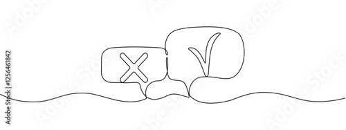 One continuous editable tick and cross line in speech bubbles. Voting symbol with check mark and cross in single line style. Vector illustration