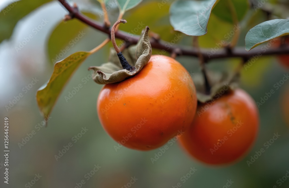 Low angle autumnal close-up of red Daebong persimmon fruit with leaf, branch on tree in South Korea. Single ripe sweet tasty organic persimmon on blurry background. Low angle autumnal close-up of red Daebong persimmon fruit with leaf, branch on tree in South Korea. Single ripe sweet tasty organic persimmon on blurry background.