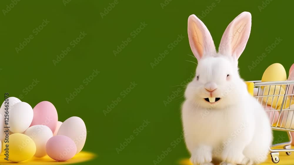 Charming Easter Bunny with Colorful Eggs in Yellow Background Charming Easter Bunny with Colorful Eggs in Yellow Background