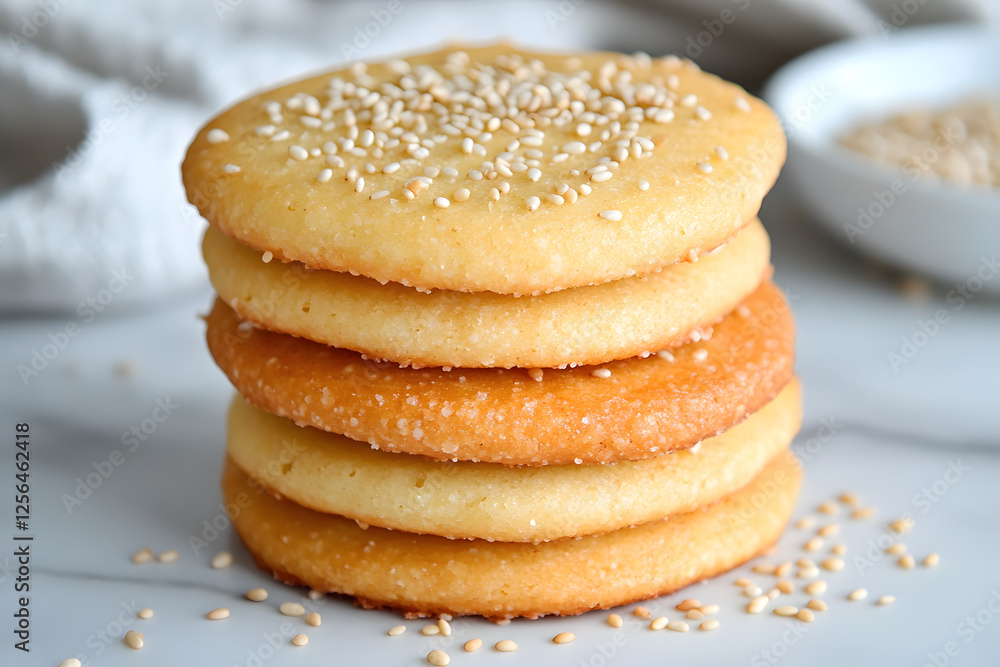 Stack of freshly baked cookies, topped with toasted sesame seeds, resting on a light surface. A bowl of seeds is visible in the background. Stack of freshly baked cookies, topped with toasted sesame seeds, resting on a light surface. A bowl of seeds is visible in the background.