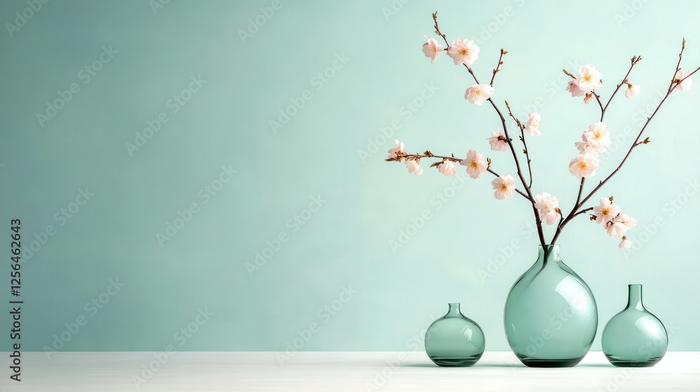 Cherry Blossoms on Mint Green Table - Spring Floral Background Banner with Copy Space Cherry Blossoms on Mint Green Table - Spring Floral Background Banner with Copy Space