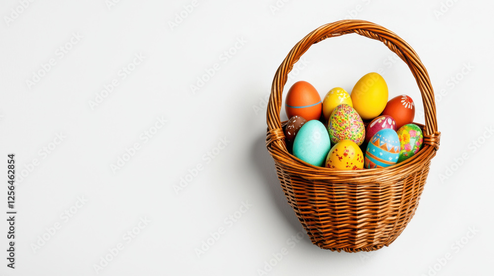 easter community event. Colorful Easter eggs in wicker basket on white background easter community event. Colorful Easter eggs in wicker basket on white background