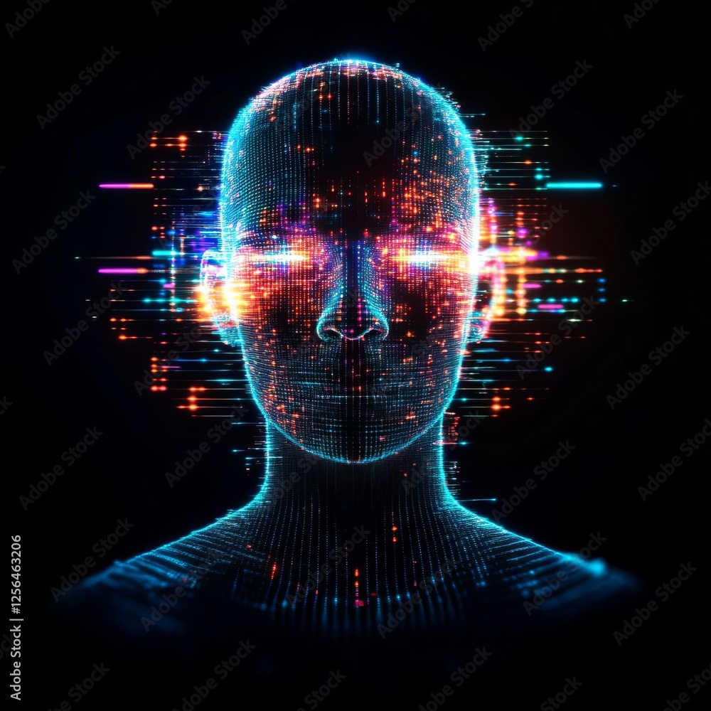 Digital avatar radiating with synthetic light, pixelated glitch effects surrounding them Digital avatar radiating with synthetic light, pixelated glitch effects surrounding them