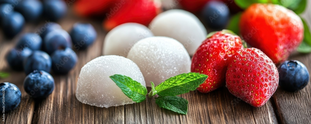Delicious assorted mochi with fresh berries on wooden table Delicious assorted mochi with fresh berries on wooden table