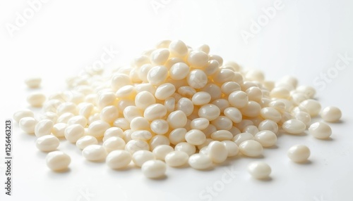 Pile of white sago pearls on white background. Cooking ingredient, starch for asian cuisine tapioca pudding. Raw food, dessert topping. Macro photo unique texture. Ingredient for bubble tea. photo