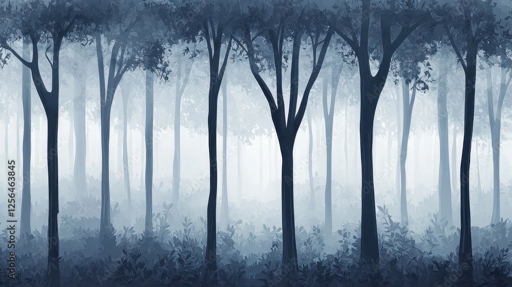 Naklejka premium Dense fog covering a tranquil forest with tall trees and lush greenery in a serene natural landscape