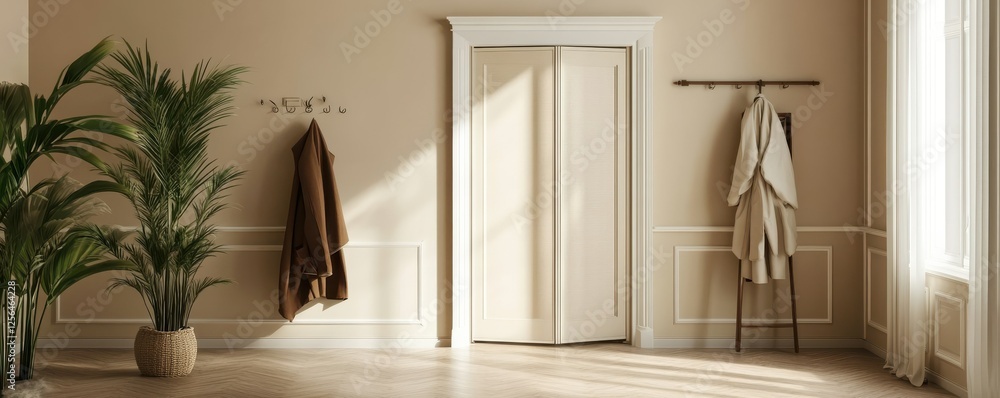 Elegant beige interior with folded door and stylish decor Elegant beige interior with folded door and stylish decor