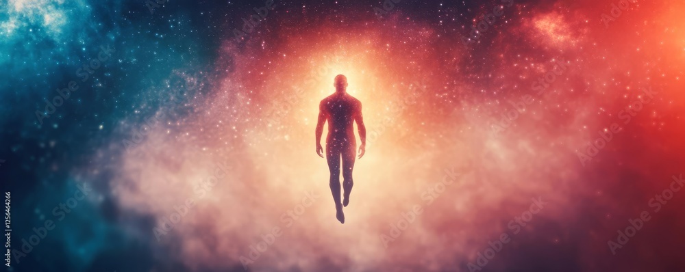 Naklejka premium Floating cosmic sorcerer, body shifting between starlight and dark matter, sci-fi fantasy fusion