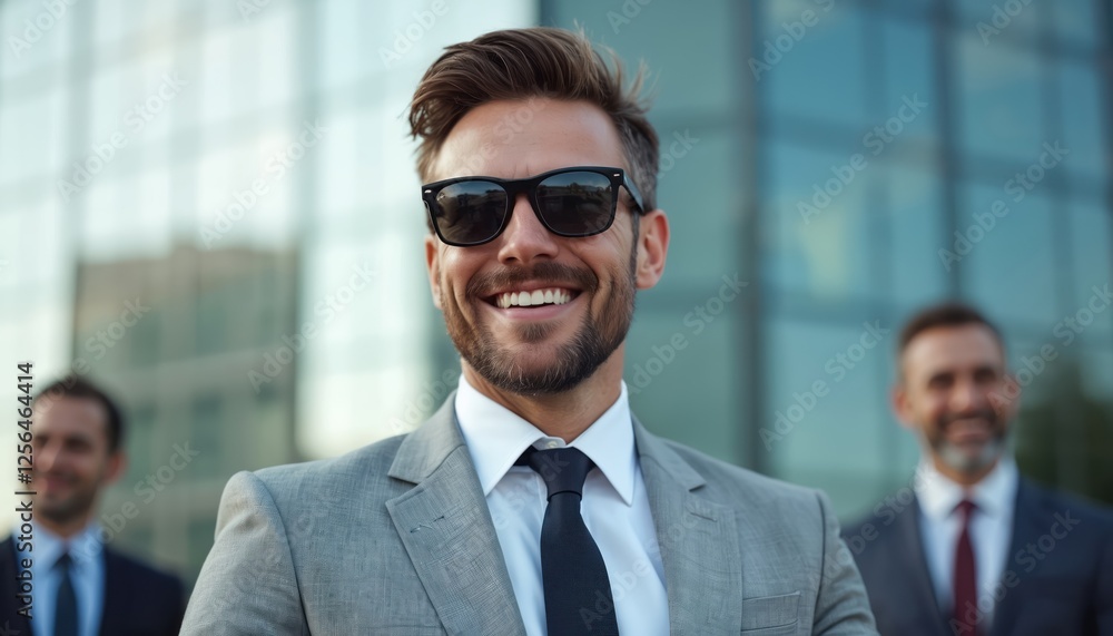 Confident businessman with sunglasses smiles standing near glass building. Modern architecture, charisma in suit. Business vision, success concept, ambition, leadership, entrepreneur, career,