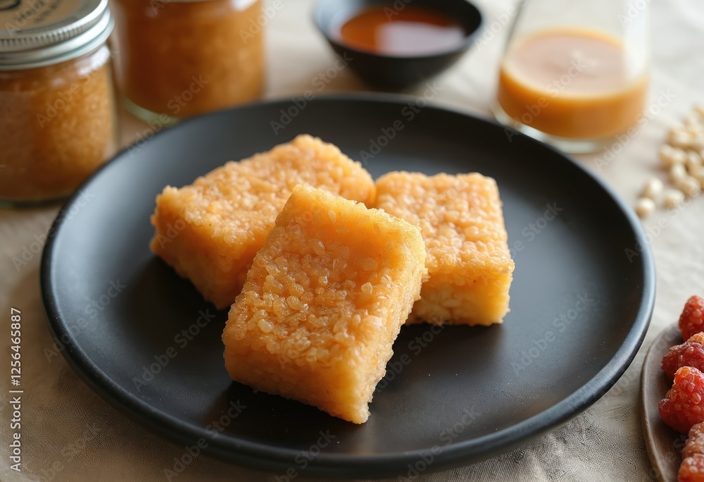 Close-up of korean dessert Yakgwa honey cookies on black plate. Asian cuisine, traditional dish served with grain syrup sauce. Sweet treat, culinary dessert background, still life in studio shot. Close-up of korean dessert Yakgwa honey cookies on black plate. Asian cuisine, traditional dish served with grain syrup sauce. Sweet treat, culinary dessert background, still life in studio shot.