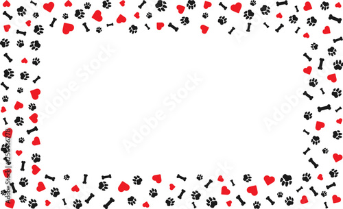 Rectangular frame with pet paw prints and bone and red heart with blank space for text. Black silhouette track of dog or cat paw prints Pet paw prints frame for decorating shop, websites. Vector.