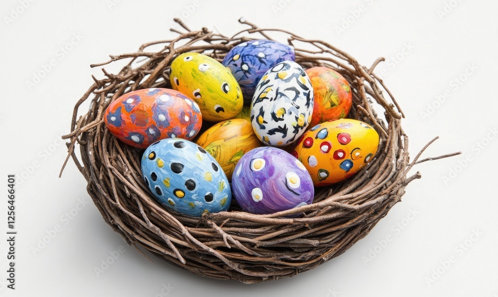 A nest of painted eggs with a variety of colors and patterns A nest of painted eggs with a variety of colors and patterns