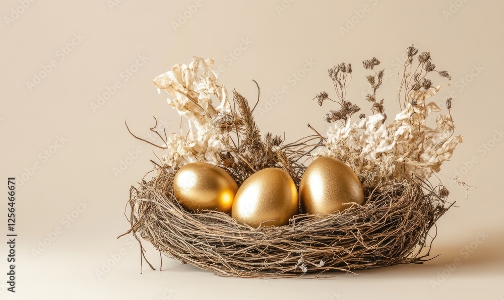 Three golden eggs are in a nest made of twigs Three golden eggs are in a nest made of twigs