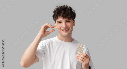 Young man with fish oil on ...