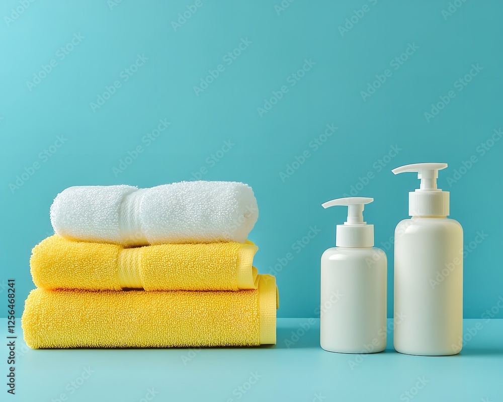 Stack of White & Yellow Towels with Bathroom Products on Light Blue Background – Beauty & Care Concept Stack of White & Yellow Towels with Bathroom Products on Light Blue Background – Beauty & Care Concept