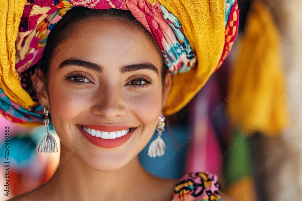 Fototapeta premium Young hispanic female smiling with colorful headscarf and earrings