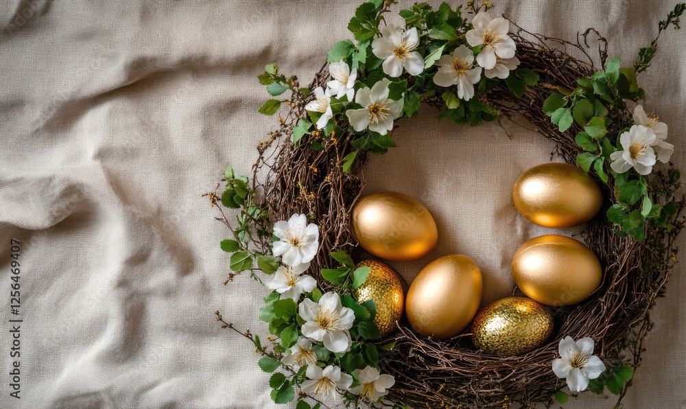 Obraz premium A wreath of flowers and gold eggs