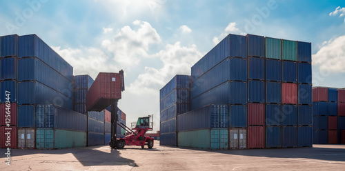 Stacked cargo freight containers for export and transportation at a crowded shipping port with trucks, cranes, and ships