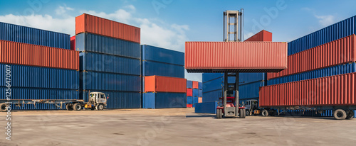 A forklift in a warehouse containing transport equipment and cargo containers