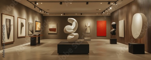 Contemporary art gallery exhibition with modern sculptures and abstract paintings photo