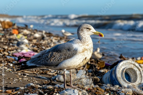 Wallpaper Mural Seagull is standing on a beach near a pile of trash Torontodigital.ca