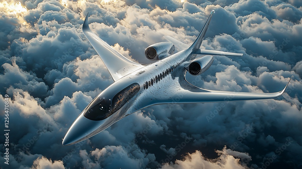 Fototapeta premium Sleek futuristic aircraft soaring above fluffy clouds during a vibrant sunset, showcasing innovation