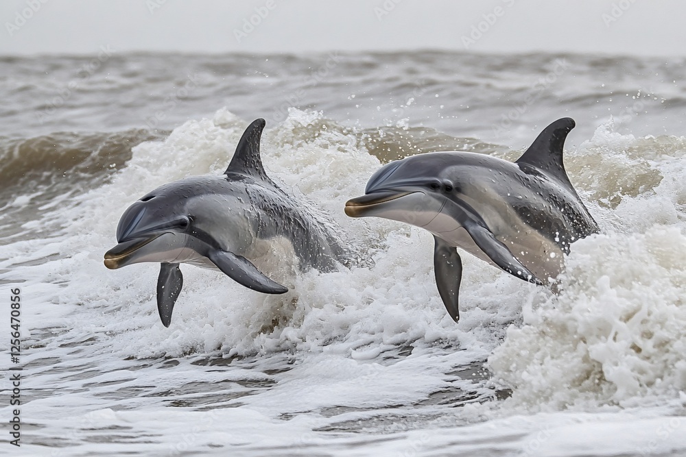 Obraz premium Two dolphins leaping joyfully from ocean waves, displaying their playful spirit while highlighting the vibrant marine ecosystem and dynamic underwater life surrounding them