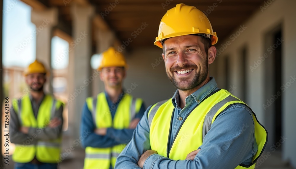 Smiling construction worker in yellow hard hat, reflective vest standing confidently. Two coworkers in background embody teamwork, job satisfaction. Focus on construction site safety, modern Smiling construction worker in yellow hard hat, reflective vest standing confidently. Two coworkers in background embody teamwork, job satisfaction. Focus on construction site safety, modern