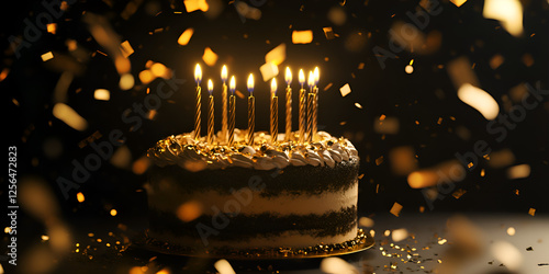 Birthday Cake with Gold Candles and Confetti in a Party Setting photo