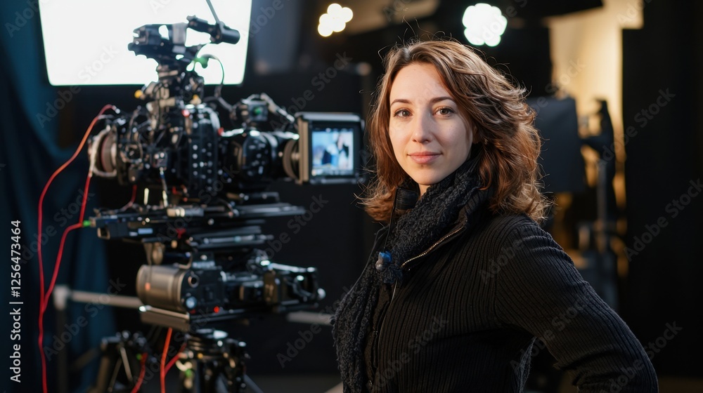 Professional Female Cinematographer in Modern Media Studio with Film Equipment and Digital Camera Professional Female Cinematographer in Modern Media Studio with Film Equipment and Digital Camera