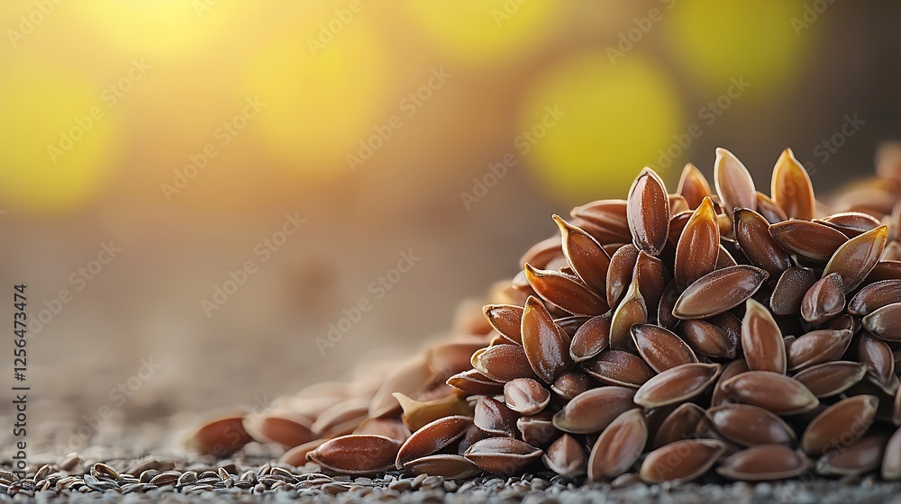 Obraz premium Close-up of glistening flax seeds piled on a textured surface with a warm, blurred background