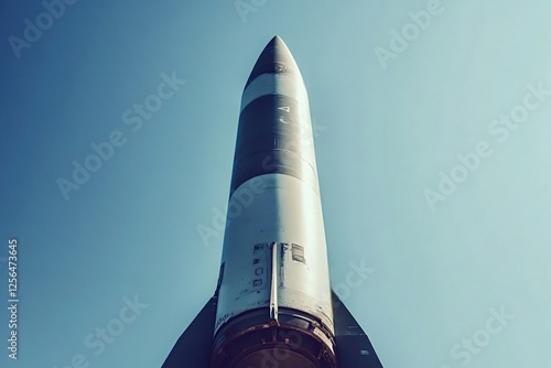 Powerful german designed v-2 rocket, an early ballistic missile, standing tall against a clear blue sky, showcasing its historical significance in rocketry and warfare photo