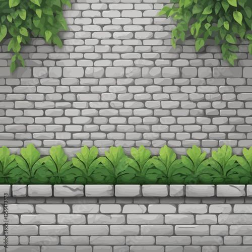 Seamless brick and stone fence vector illustration. Classic architectural garden barrier with rock tiles and columns. Ideal for outdoor design, landscaping, and construction visuals.