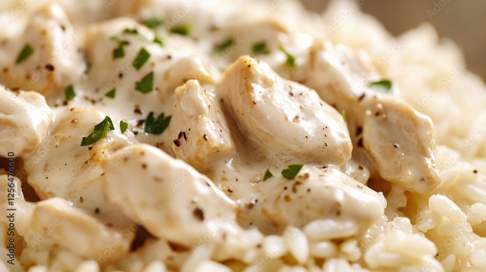 Close-up of rice with creamy chicken Alfredo. Featuring chicken in a rich Alfredo sauce with Parmesan cheese, served over rice. Emphasizing a comforting, creamy dish. Ideal for Alfredo recipes. Close-up of rice with creamy chicken Alfredo. Featuring chicken in a rich Alfredo sauce with Parmesan cheese, served over rice. Emphasizing a comforting, creamy dish. Ideal for Alfredo recipes.