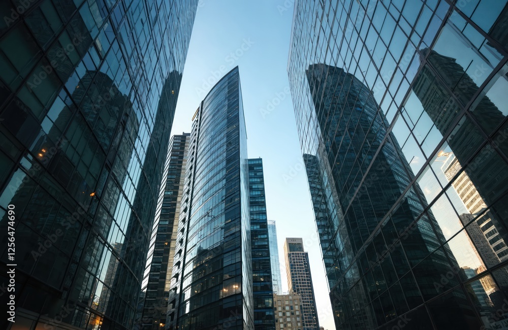 Naklejka premium Low angle photo of modern glass building reflecting sky. Geometric facade patterns create urban scene. Contemporary architecture with symmetrical design reflects business, tech environment of