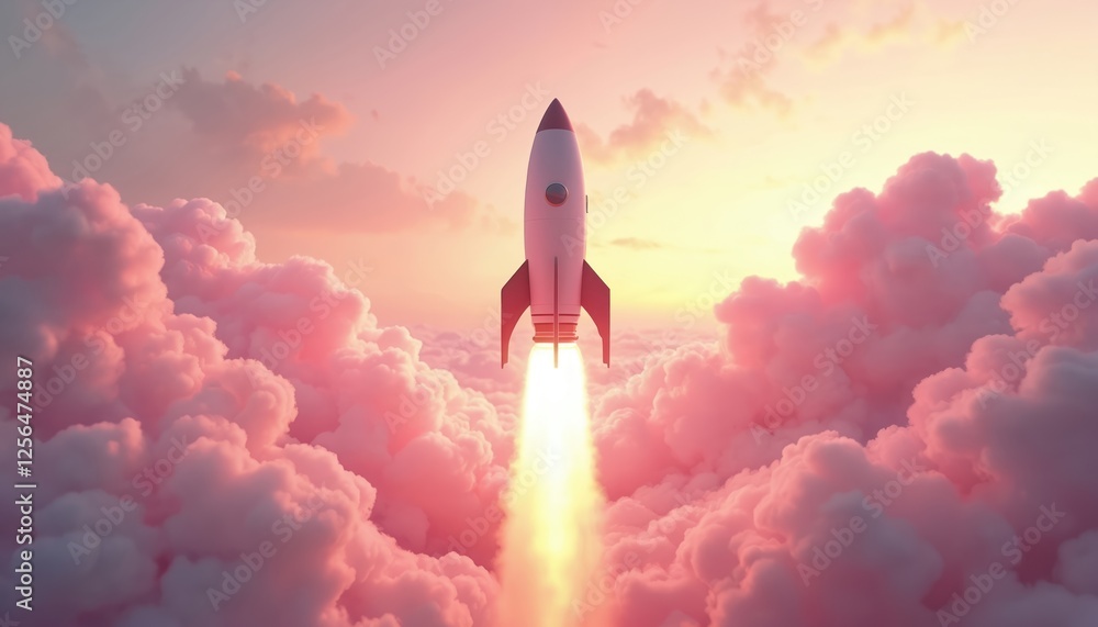 Obraz premium 3D render of rocket launch through pink clouds against sunset sky. Illustration of tech development journey, new product introduction. Symbol of business success, innovation. Space rocket flies to
