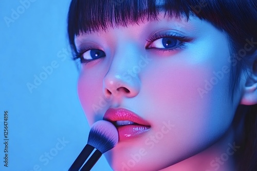 Professional makeup artist applying pink lipstick on model's lips using a brush, illuminated by vibrant neon lighting, creating a modern and stylish beauty look photo