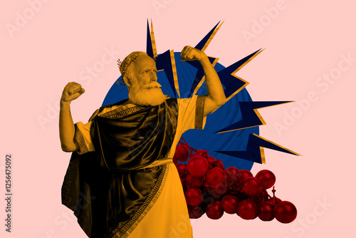 Photography Creative sketch collage of angry man show biceps power grape berry diet nutritio