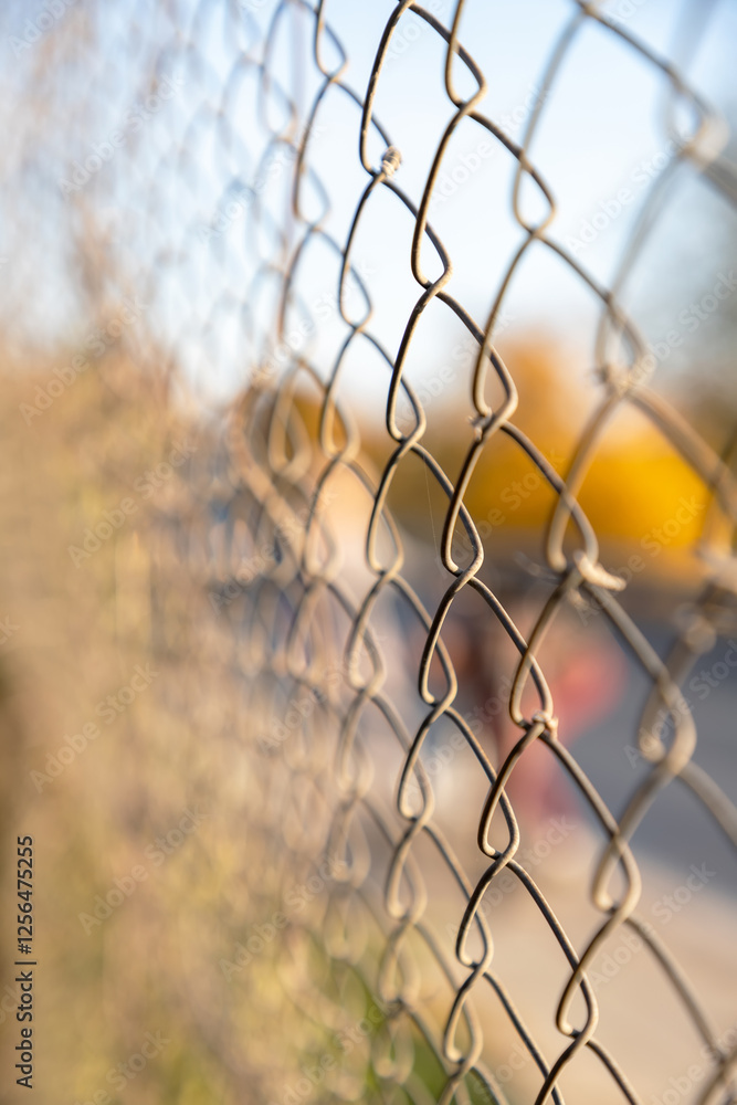Selective focus of chain-link fencing, formed by the interlocking wires. Selective focus of chain-link fencing, formed by the interlocking wires.