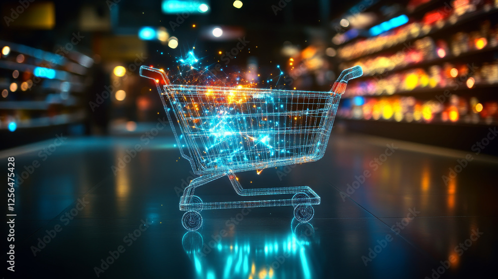 Hologram shopping. Holographic projection shopping cart. Flickering energy flux of particles. Scientific design trade. Hologram shopping. Holographic projection shopping cart. Flickering energy flux of particles. Scientific design trade.