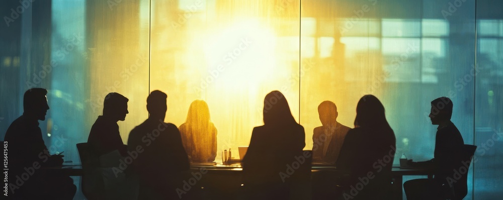 Silhouetted business meeting at sunset with diverse team in office setting Silhouetted business meeting at sunset with diverse team in office setting