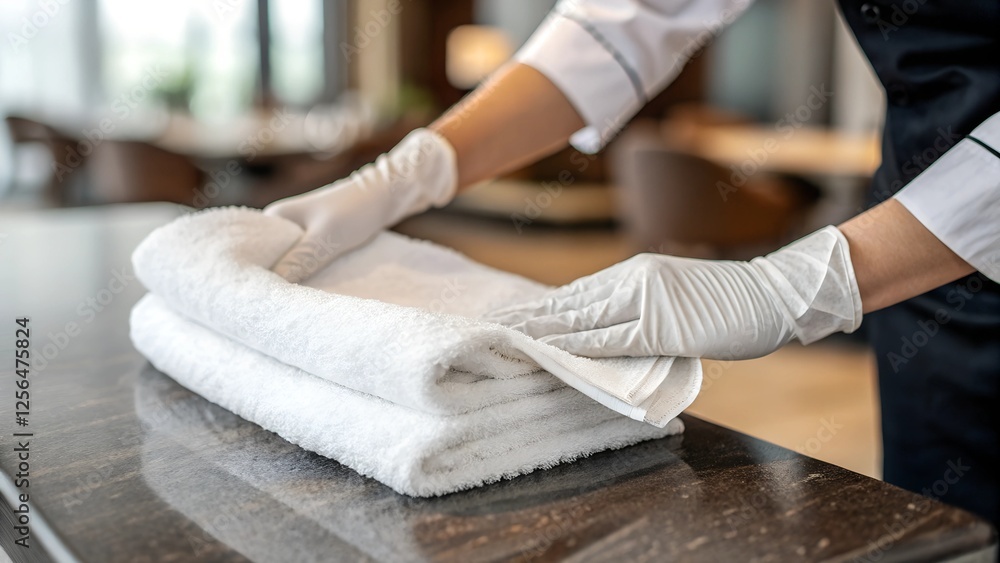 Obraz premium Hotel staff in uniform carefully arranges white towels in a luxury hotel room. A professional and clean hospitality service concept perfect for travel, housekeeping, and tourism themes.