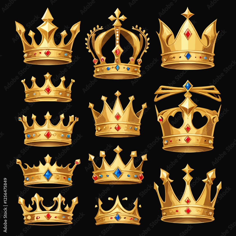 A realistic 3D rendering of a gold crown with a glossy finish and intricate multi-dot royal design. This elegant crown is presented on a transparent background, ideal for luxury and royal-themed desig A realistic 3D rendering of a gold crown with a glossy finish and intricate multi-dot royal design. This elegant crown is presented on a transparent background, ideal for luxury and royal-themed desig