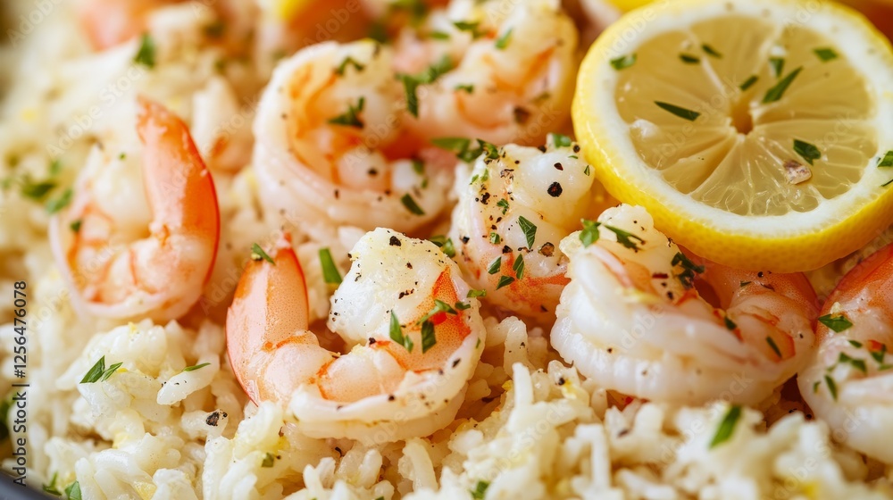 Close-up of rice with creamy lemon garlic shrimp. Featuring shrimp in a lemon garlic sauce, served over rice. Emphasizing a tangy, creamy dish. Ideal for shrimp recipes. Close-up of rice with creamy lemon garlic shrimp. Featuring shrimp in a lemon garlic sauce, served over rice. Emphasizing a tangy, creamy dish. Ideal for shrimp recipes.