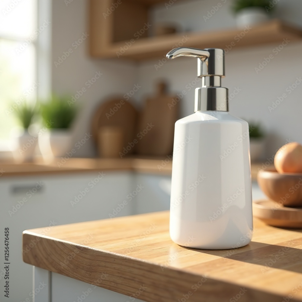 Modern Soap Dispenser on Wooden Counter - Bright, Fresh, Photorealistic Modern Soap Dispenser on Wooden Counter - Bright, Fresh, Photorealistic