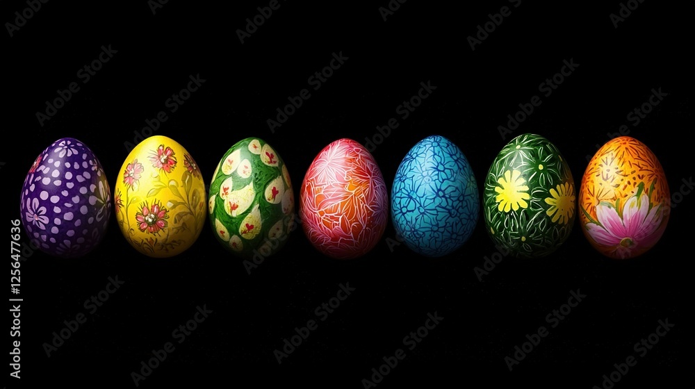 Obraz premium A line of colorful eggs arranged on a dark background, with an egg centered in the middle