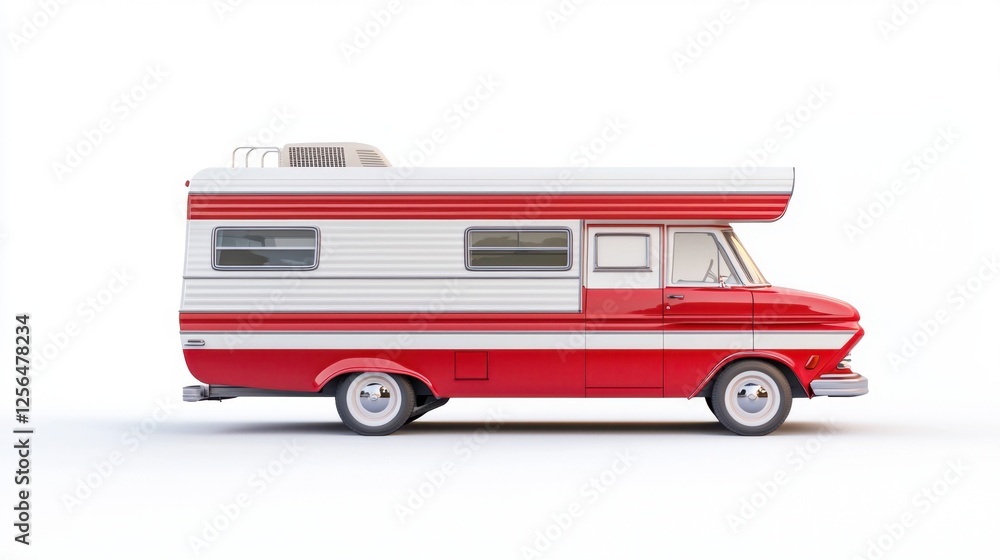 Naklejka premium Vintage Red and White Retro Camper Van for Outdoor Adventure and Summertime Road Trips
